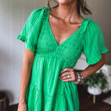 Kiwi Green Jacquard Checker Tiered Dress