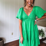 Kiwi Green Jacquard Checker Tiered Dress
