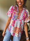Pink Boho Chic Mix Print Collared Short Sleeve Blouse