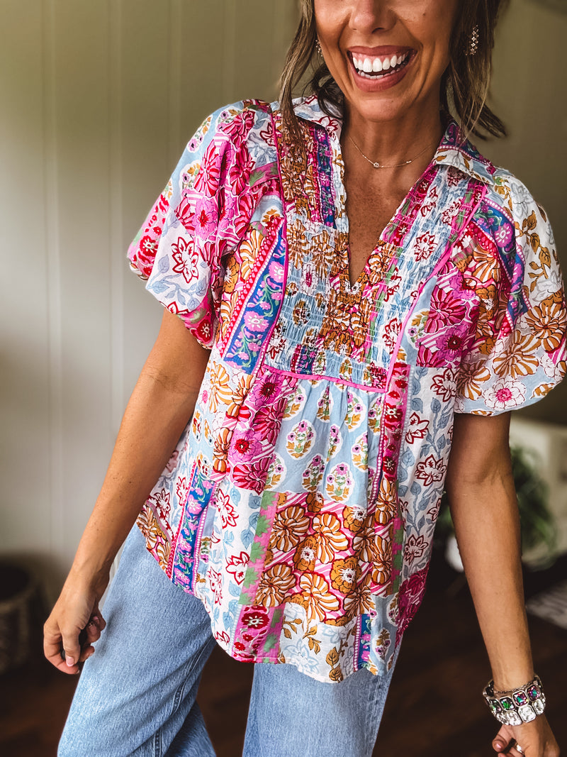 Pink Boho Chic Mix Print Collared Short Sleeve Blouse