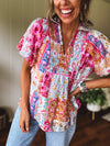 Pink Boho Chic Mix Print Collared Short Sleeve Blouse