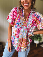 Pink Boho Chic Mix Print Collared Short Sleeve Blouse