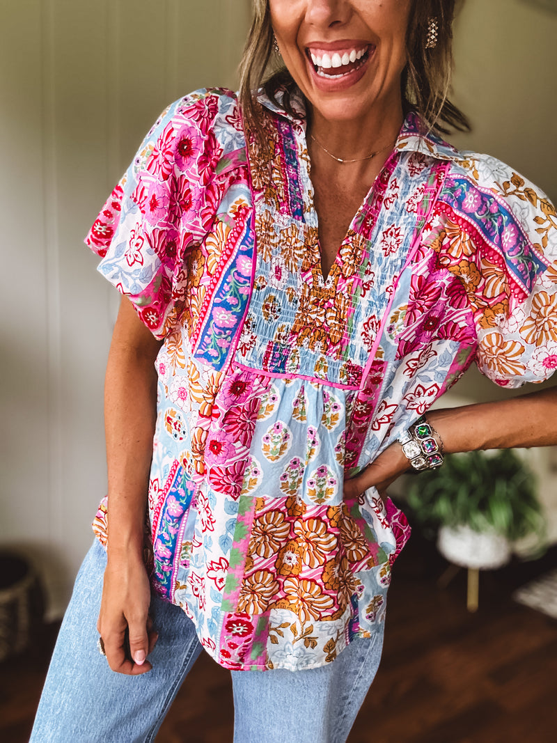 Pink Boho Chic Mix Print Collared Short Sleeve Blouse