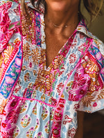 Pink Boho Chic Mix Print Collared Short Sleeve Blouse