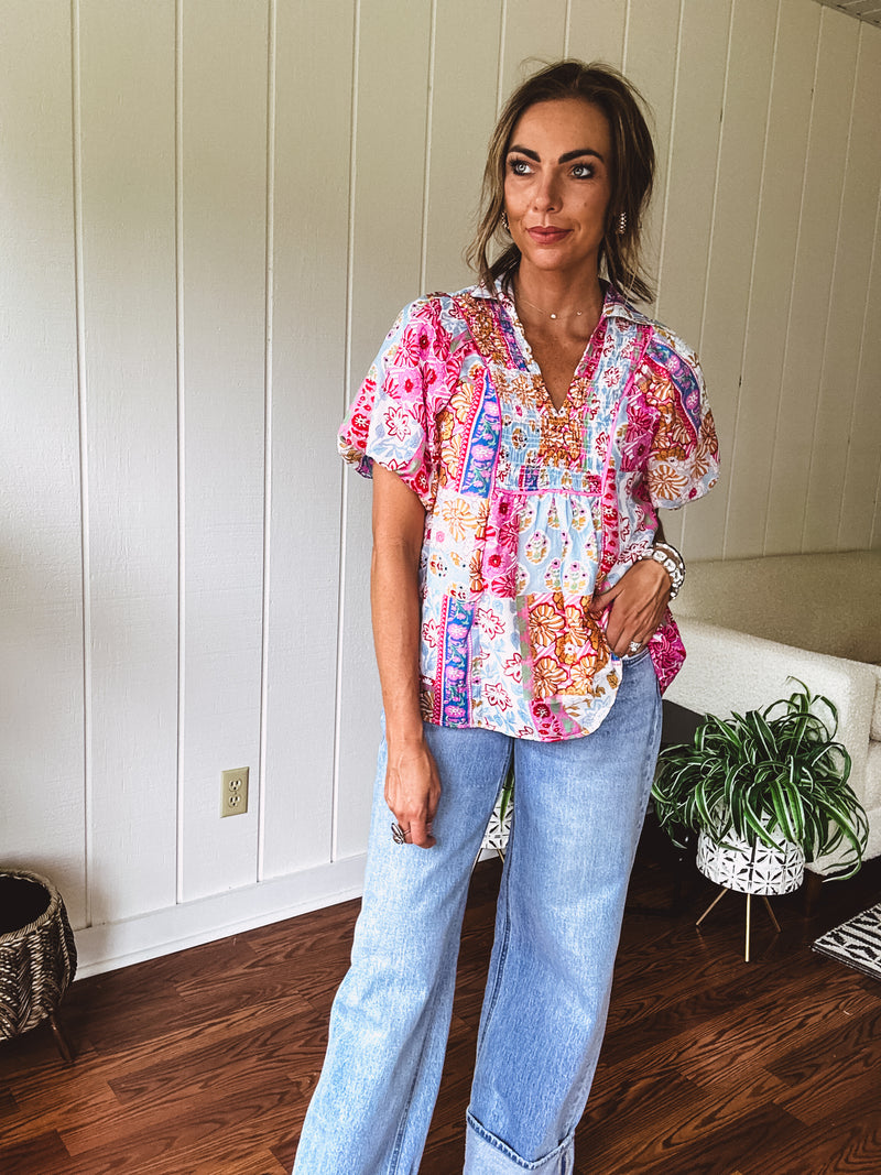 Pink Boho Chic Mix Print Collared Short Sleeve Blouse