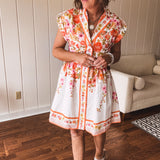 Orange Floral Lapel Collar Dress with Belt