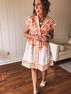 Orange Floral Lapel Collar Dress with Belt