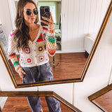Button Down Granny Crochet Knit Cardigan with Long Sleeves