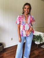 Pink Boho Chic Mix Print Collared Short Sleeve Blouse