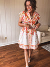 Orange Floral Lapel Collar Dress with Belt