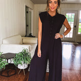 Black Button Front Wide Leg Jumpsuit
