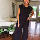 Black Button Front Wide Leg Jumpsuit