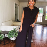 Black Button Front Wide Leg Jumpsuit