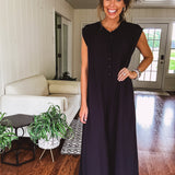Black Button Front Wide Leg Jumpsuit