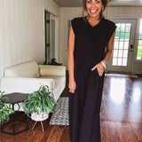 Black Button Front Wide Leg Jumpsuit