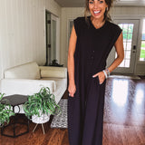 Black Button Front Wide Leg Jumpsuit