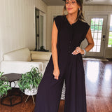 Black Button Front Wide Leg Jumpsuit