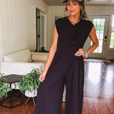 Black Button Front Wide Leg Jumpsuit