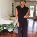 Black Button Front Wide Leg Jumpsuit