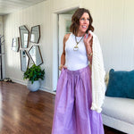 Thin, lightweight washed lavender cotton ultra wide leg pants with pleated front elastic waist.