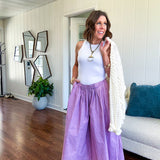 Thin, lightweight washed lavender cotton ultra wide leg pants with pleated front elastic waist.