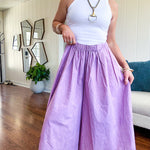 Thin, lightweight washed lavender cotton ultra wide leg pants with pleated front elastic waist.