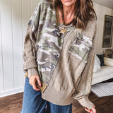 Washed Camo V-Neck Mixed Knit Top