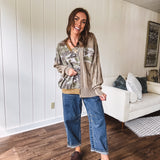 Washed Camo V-Neck Mixed Knit Top