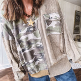 Washed Camo V-Neck Mixed Knit Top
