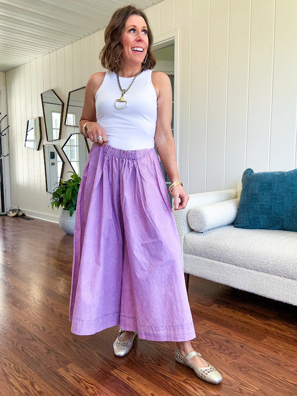 Thin, lightweight washed lavender cotton ultra wide leg pants with pleated front elastic waist.