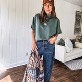 Olive Drapey Classic Mock Neck Short Sleeve