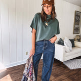 Olive Drapey Classic Mock Neck Short Sleeve
