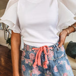Crisp white ribbed knit round neck top with double layer chiffon batwing sleeves.