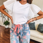 Crisp white ribbed knit round neck top with double layer chiffon batwing sleeves.