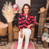 Black Blouse with Red & Magenta Flowers