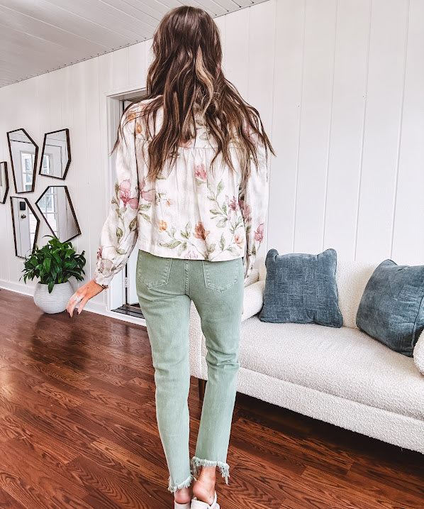 Light olive washed fray hem skinny ankle denim with minimal stretch and minimal distressing.