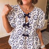 Blue Watercolor Flower Print Tie Blouse