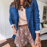 Brown Embroidered Elastic Waist Shorts