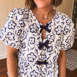 Blue Watercolor Flower Print Tie Blouse