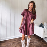 Washed Wine Denim Pleated Dress with Pocket