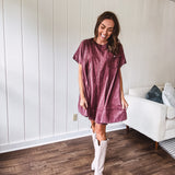 Washed Wine Denim Pleated Dress with Pocket