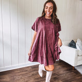 Washed Wine Denim Pleated Dress with Pocket