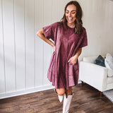 Washed Wine Denim Pleated Dress with Pocket