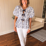 Blue Watercolor Flower Print Tie Blouse