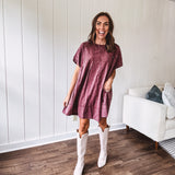 Washed Wine Denim Pleated Dress with Pocket