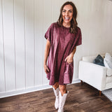Washed Wine Denim Pleated Dress with Pocket