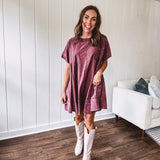 Washed Wine Denim Pleated Dress with Pocket