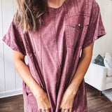 Washed Wine Denim Pleated Dress with Pocket