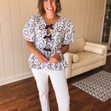 Blue Watercolor Flower Print Tie Blouse