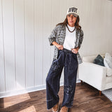 Black Floral Applique Fray Hem Pant